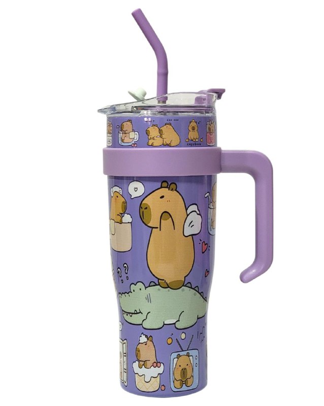 VASO TERMO DE ACERO INOXIDABLE CON ASA DISEÑO DE CAPIBARA,CAPYBARA CON SORBETE Y MUCHO ESTILO 1200ML
