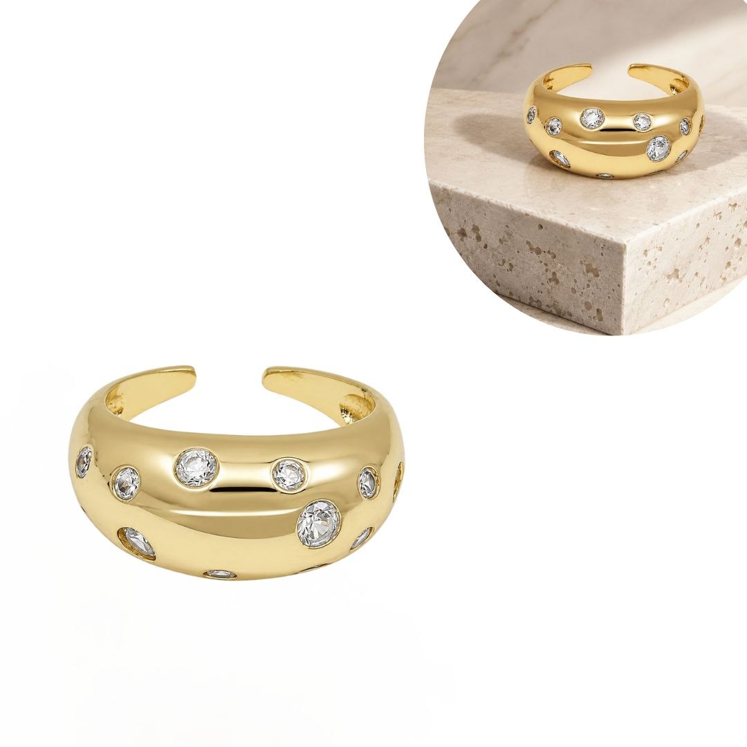 ANILLO ANCHO DE ENCHAPE PARA DAMA CON CIRCONES INCRUSTADOS TIPO ESTRELLA