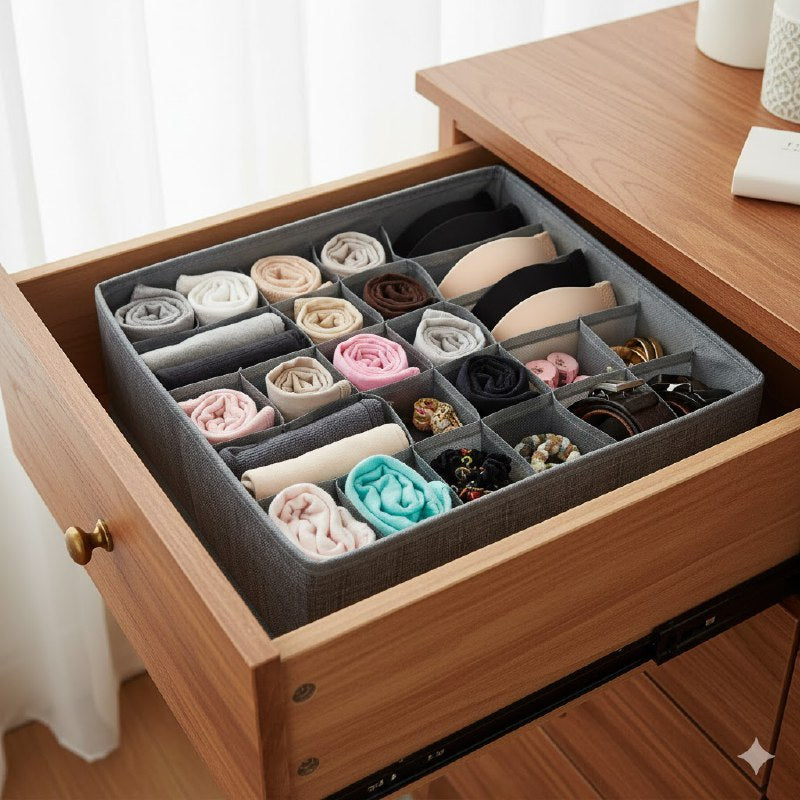 ORGANIZADOR CAJA DE ALMACENAMIENTO DE 24 COMPARTIMIENTOS PLEGABLE PARA CALCETINES Y ROPA INTERIOR INT HOME IMPLEMENTS 30X30CM