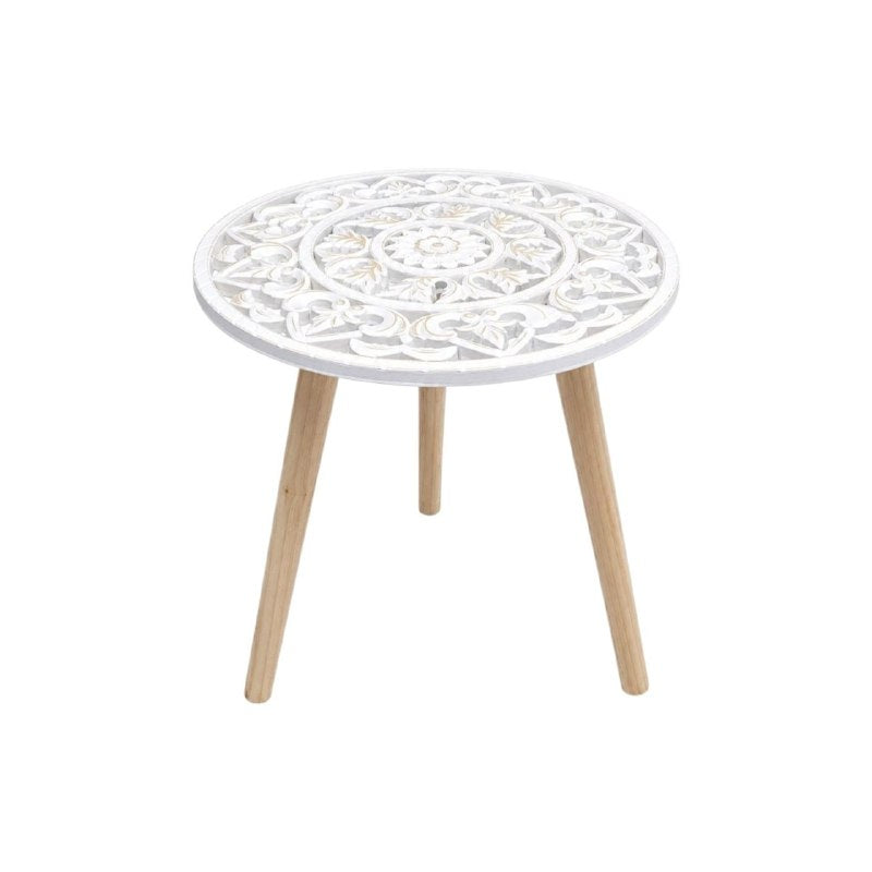 SET DE MESAS LATERALES ARTESANALES EN ACABADO BLANCO Y DORADO ENVEJECIDO MESAS AUXILIARES BOHEMIAS DE MADERA TALLADA  2 PIEZAS