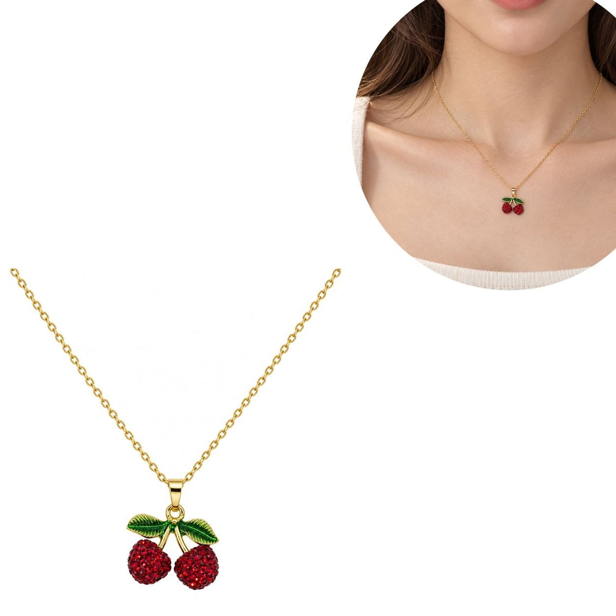 GARGANTILLA DE ENCHAPE PARA DAMA CON DISEÑO DE CEREZAS ROJAS CON HOJAS VERDES 2.3CM