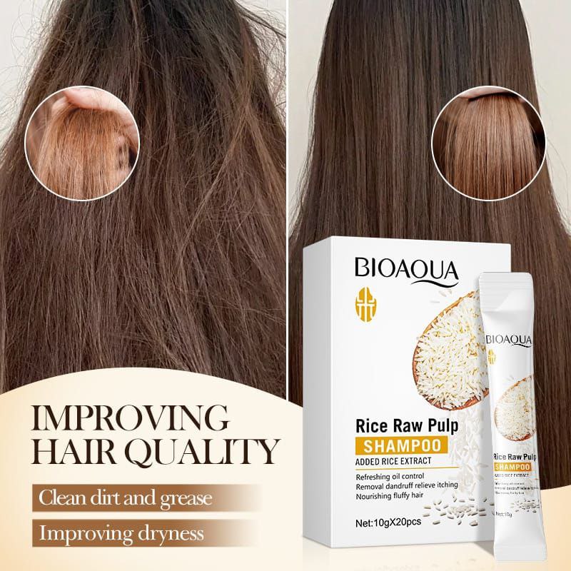 SHAMPOO DE PULPA CRUDA DE ARROZ EN BOLSITA ESPUMA RICA Y CREMOSA BIOAQUA 10G