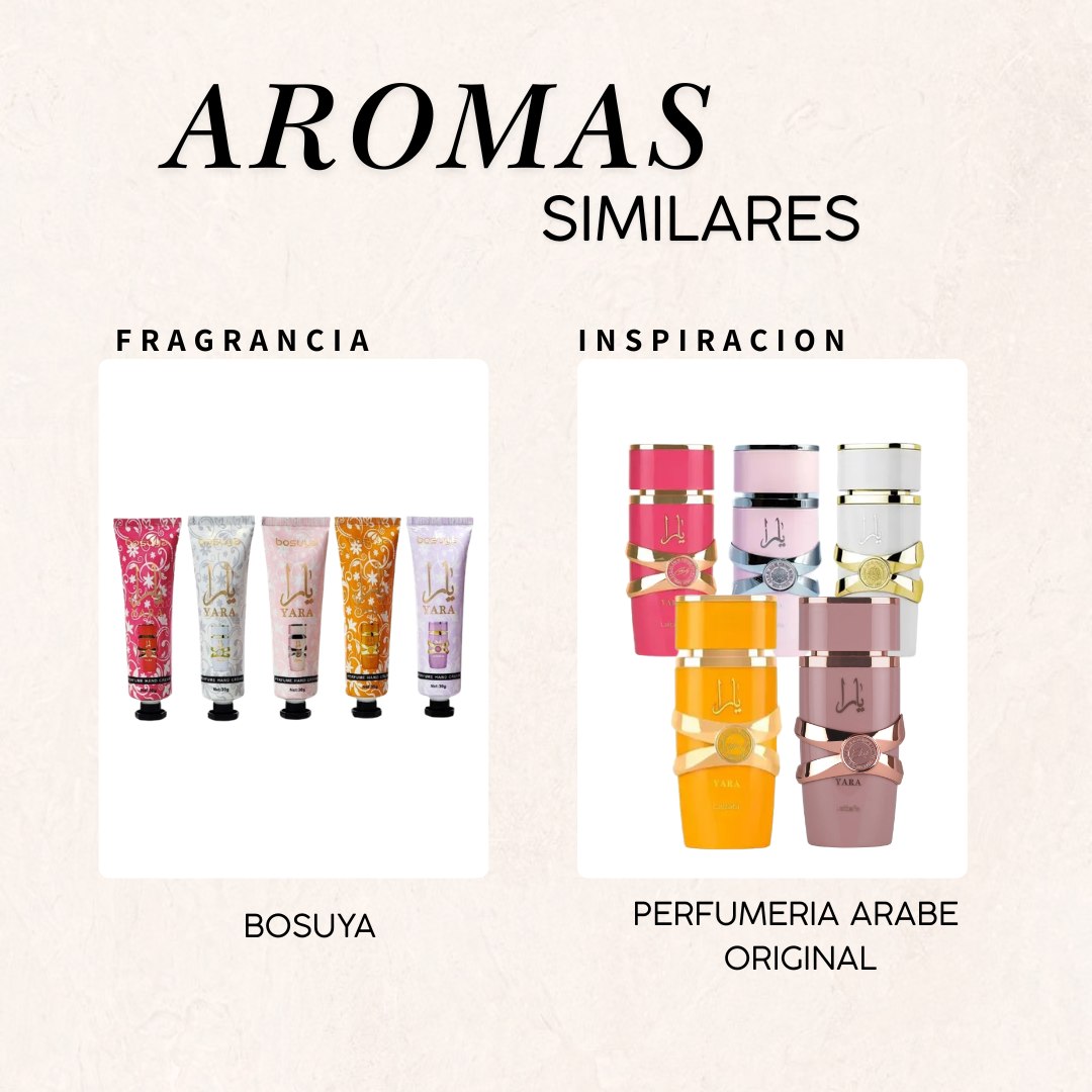 SET DE CREMAS PARA MANOS CON AROMAS DE PERFUMERIA ARABE 5PCS BOSUYA (AROMA SIMILAR A LATTAFA YARA)