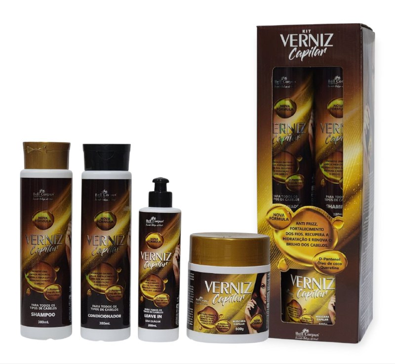 SET DE CUIDADO PARA EL CABELLO CON QUERATINA DE ACEITE DE COCO D-PANTENOL 4PCS BELL CORPUS COSMETICS BARNIZ
