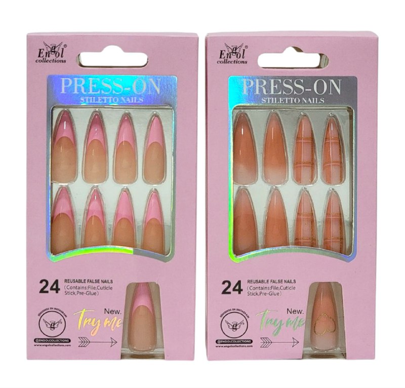 SET DE 24 UÑAS POSTIZAS REUTILIZABLES, LIMA, PALILLO PARA CUTICULA Y PEGAMENTO ENGOL COLLECTIONS