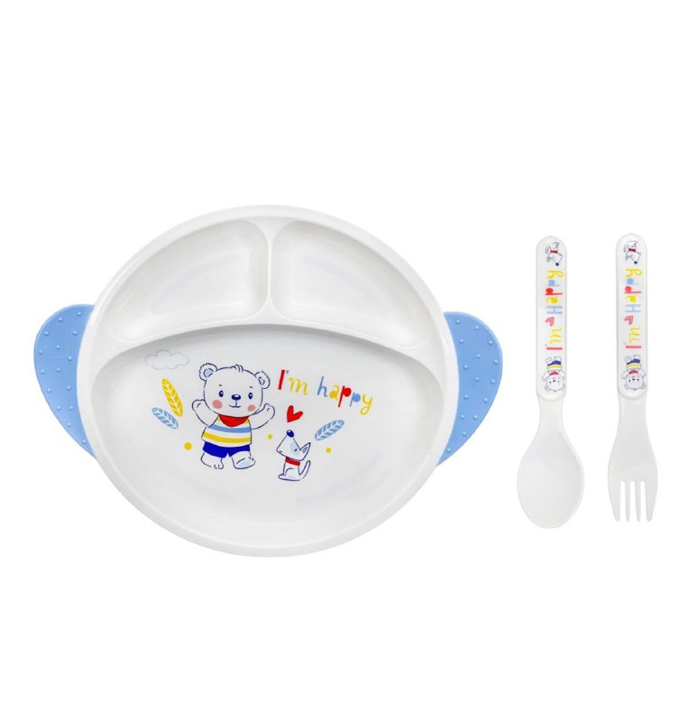 PLATO EN SET INFANTIL PARA BEBES 3 EN 1, PLATO CON COMPARTIMIENTOS, TENEDOR Y CUCHARA