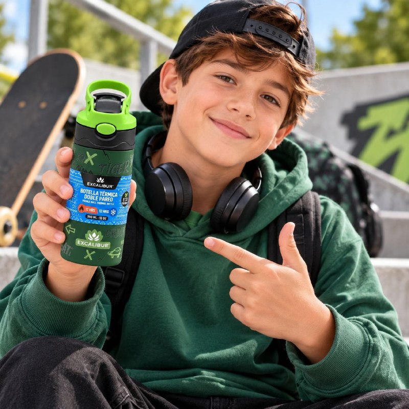 BOTELLA TERMICA DE DOBLE PARED CON ASA PARA NIÑOS EXCALIBUR 350ML