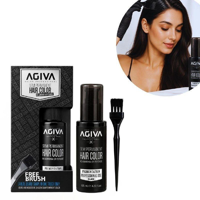 TINTE COLOR NEGRO SEMIPERMANENTE PARA CABELLO, BARBA Y BIGOTE CON BROCHA APLICADORA AGIVA 125ML