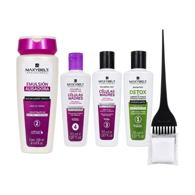 SET DE 6 PIEZAS DE ALISADO TEMPORAL PARA EL CABELLO CON KERATINA BRASILERA Y CELULAS MADRE MAXYBELT