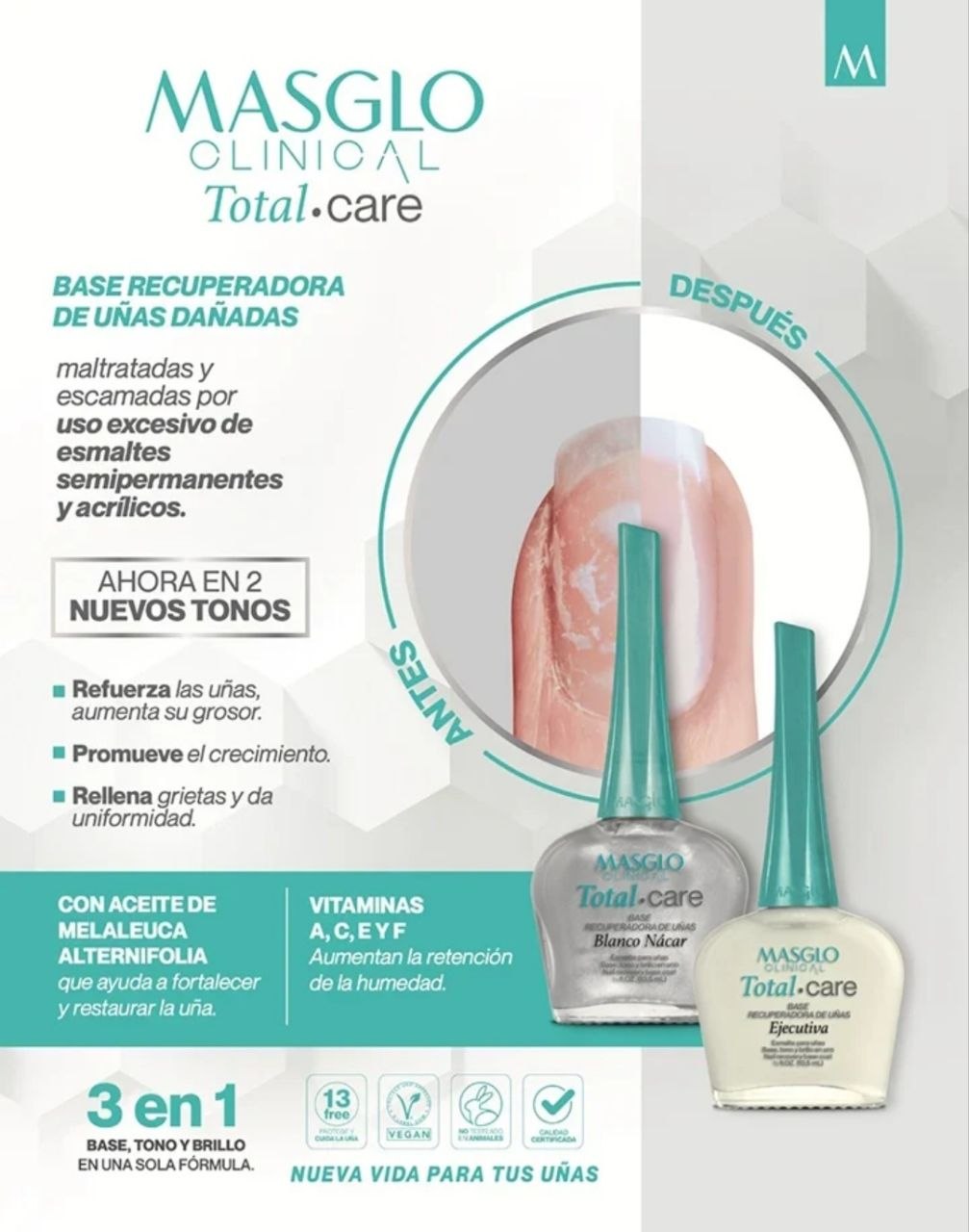 ESMALTE PARA UÑAS BASE RECUPERADORA DE UNAS CLINICAL TOTAL CARE BLANCO NACAR MASGLO 13.5ML