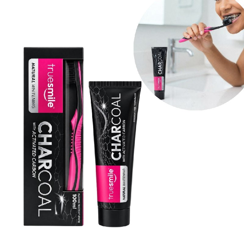 PASTA DENTAL BLANQUEADORA SIN FLUOR CON CARBON ACTIVO E INCLUYE CEPILLO TRUESMILE 100ML