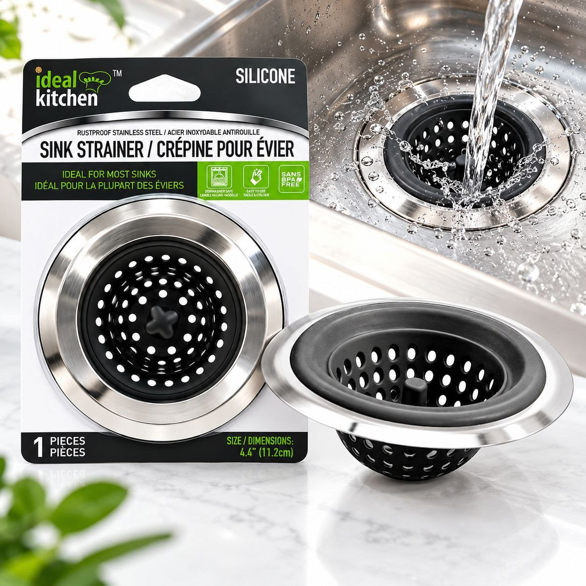 COLADOR PARA DESAGÜE DE FREGADERO EN SILICONA Y ACERO INOXIDABLE IDEAL KITCHEN 11.2CM