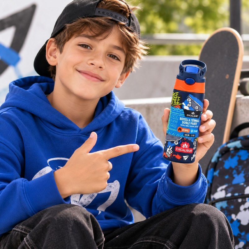 BOTELLA TERMICA DE DOBLE PARED CON ASA PARA NIÑOS EXCALIBUR 350ML