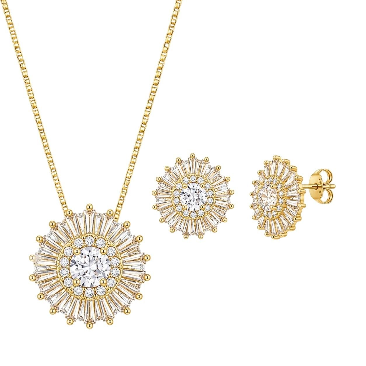 SET DE ENCHAPE PARA DAMA CON DISEÑO CIRCULAR ESTILO ROSETÓN DE CIRCONES Y CORTE BAGUETTE