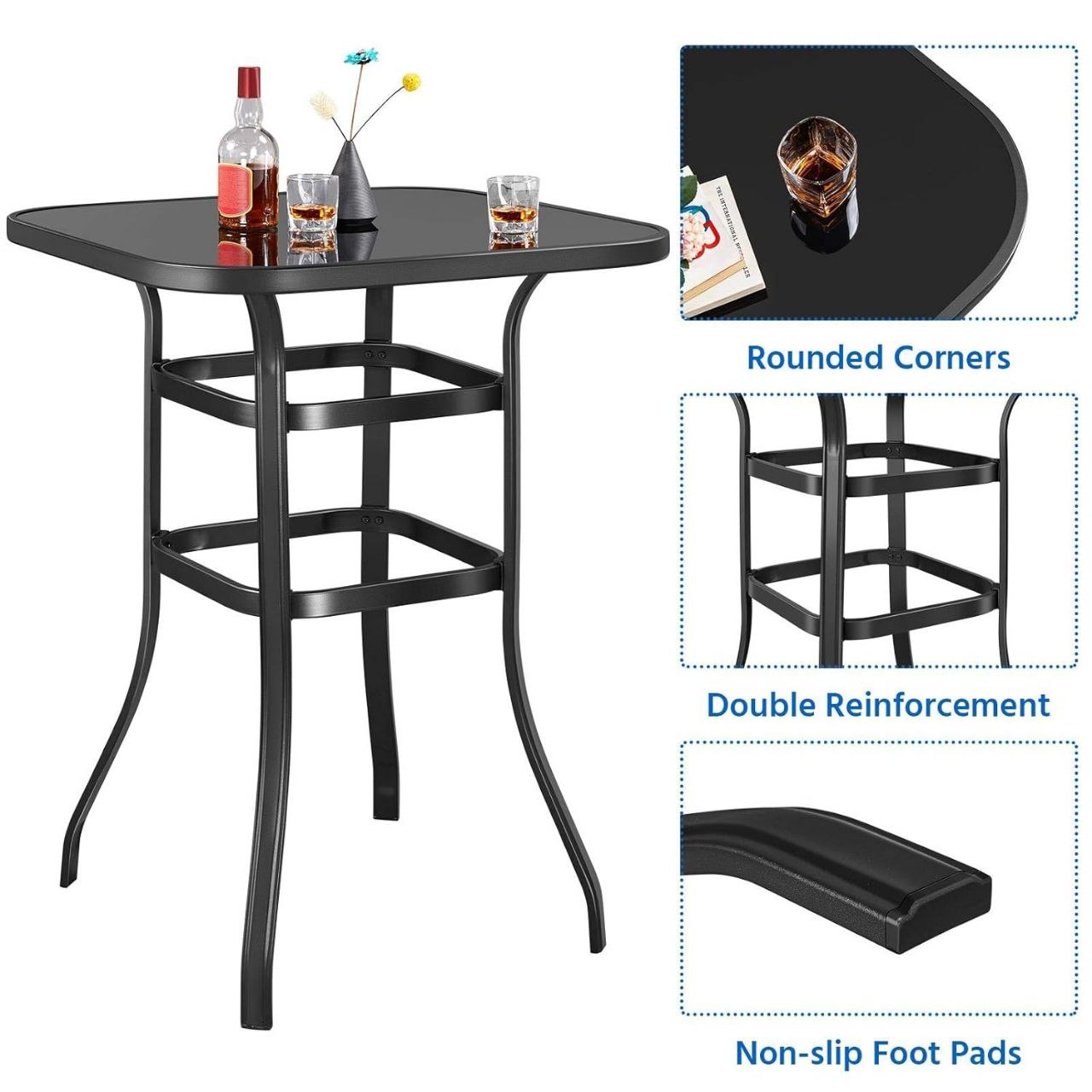MESA COMEDOR DE BISTRO PARA PATIO AL AIRE LIBRE, CON 2 SILLAS DE METAL INCLUIDAS, MESA ALTA CON BATTA DE VIDRIO TEMPLADO HOMESTAR 104X80X49CM