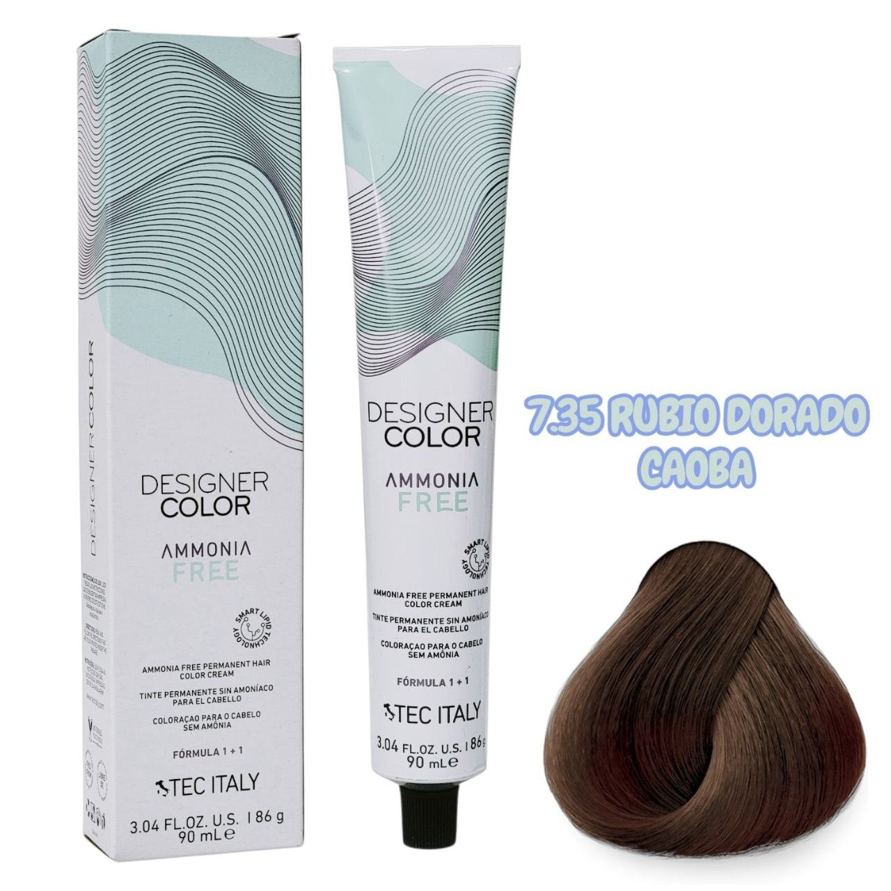 TINTE PERMANENTE CUIDA TU CABELLO Y OFRECE RESULTADOS CON TONOS MÁS NATURALES TONO 7.35 RUBIO DORADO CAOBA 1+1 TEC ITALY 90ML