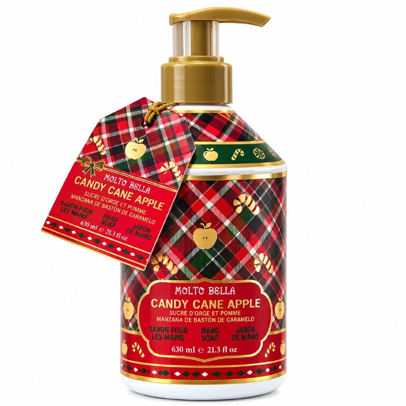 JABON LIQUIDO DE MANOS CON DISEÑO NAVIDEÑO AROMA A MANZANA DE BASTON DE CARAMELOS MOLTO BELLA 630ML