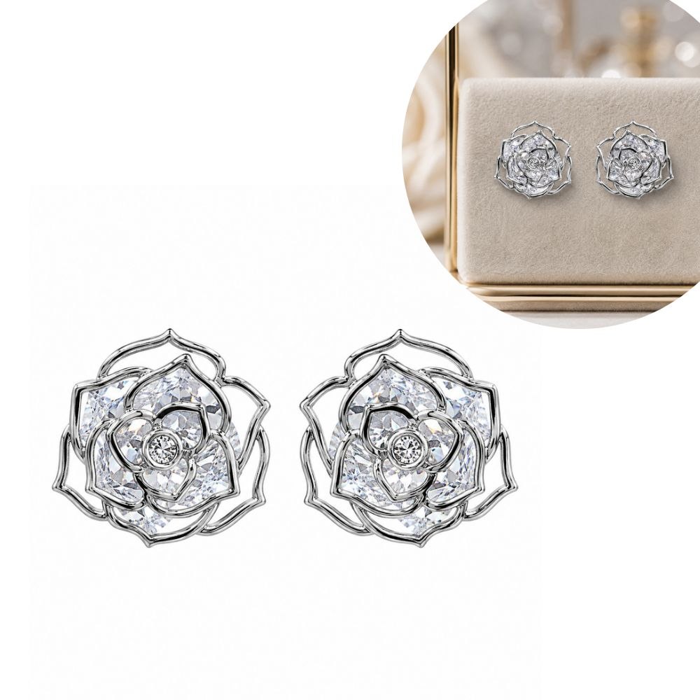 ARETES DE ENCHAPE EN RODIO PARA DAMA FLORAL EN CAPAS CON CIRCONES