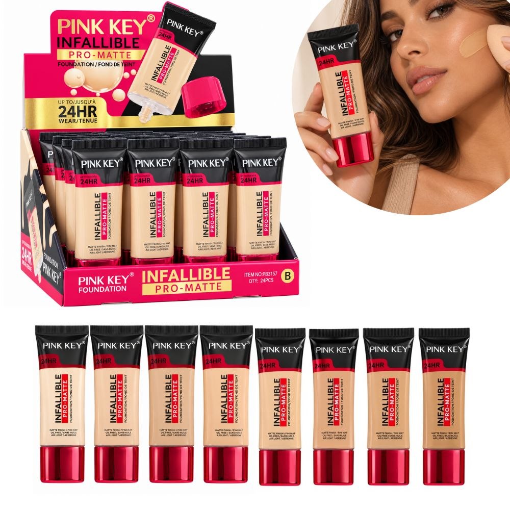 BASE DE MAQUILLAJE LÍQUIDA ACABADO MATE ECONÓMICA PINK KEY 24H