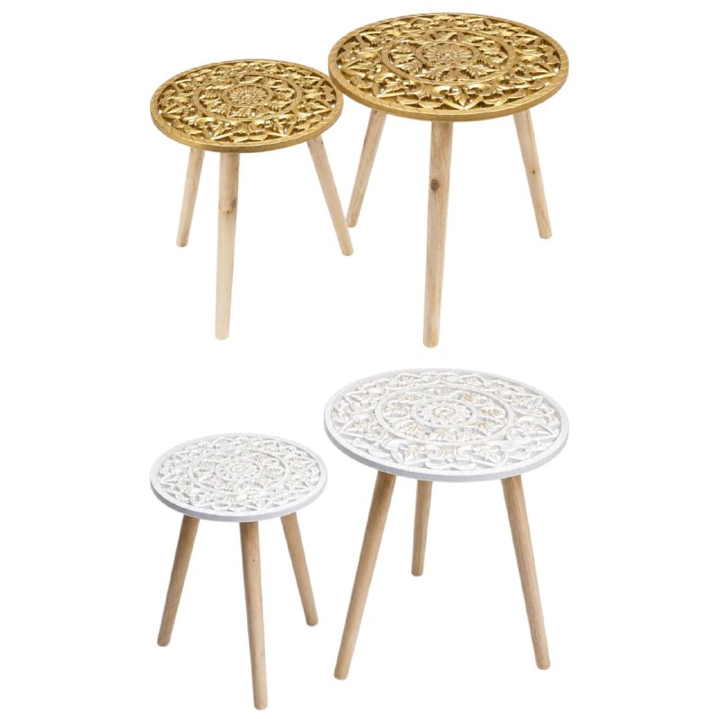 SET DE MESAS LATERALES ARTESANALES EN ACABADO BLANCO Y DORADO ENVEJECIDO MESAS AUXILIARES BOHEMIAS DE MADERA TALLADA  2 PIEZAS