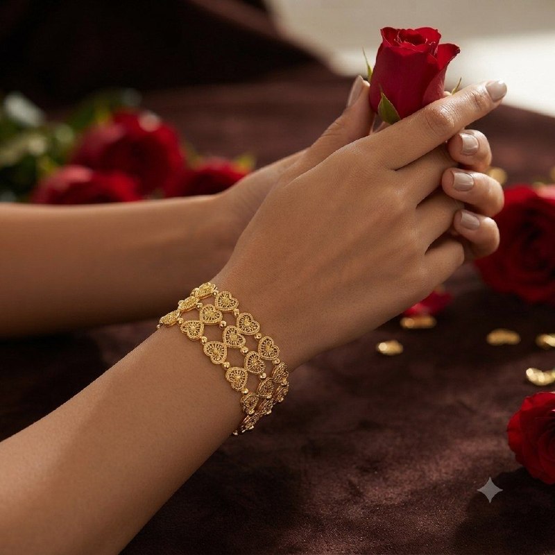 PULSERA DE ENCHAPE PARA DAMA CON DISEÑO ANCHO DE TRES HILERAS DE CORAZONES EN FILIGRANA