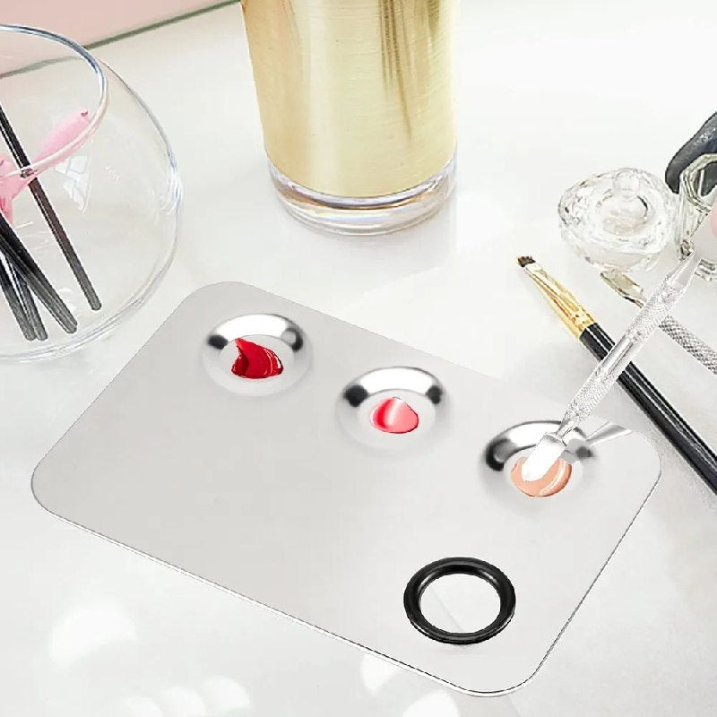 PALETA METALICA DE MAQUILLAJE CON ESPATULA DE PRECISION DE ACERO INOXIDABLE
