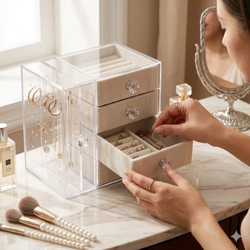 ORGANIZADOR JOYERO CON GANCHOS Y COMPARTIMIENTOS ESPECIALES DE 4 NIVELES 18CMX21CMX13CM