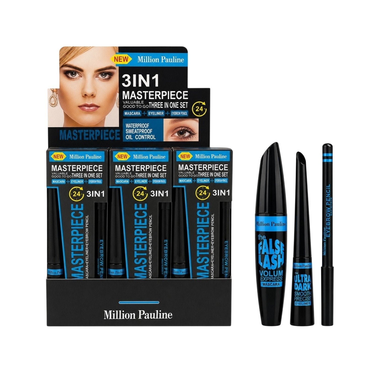 SET DE RIMEL DELINEADOR DE OJOS Y LAPIZ DE CEJAS MILLION PAULINE (DUPE DE MAX FACTOR)