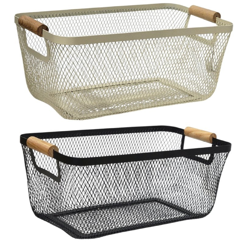 CANASTA CESTA ORGANIZADORA PORTATIL DE METAL CON ASAS DE MADERA ELEGANTE 15X20X35CM