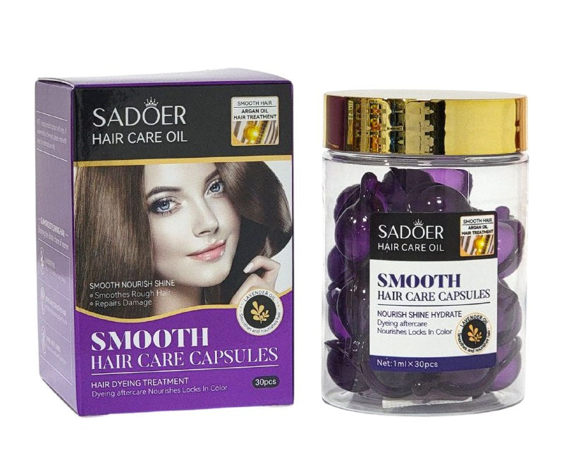 AMPOLLAS PARA EL CABELLO EN CAPSULAS LISO DE ACEITE DE ARGAN Y LAVANDA, TRATAMIENTO DE TINTURA PARA CUIDADOS POSTERIORES AL TEÑIDO, NUTREN EL CABELLO CON COLOR, SUAVE, BRILLO Y SUAVIZANTE SADOER HAIR CARE OIL SMOOTH 1MLX30