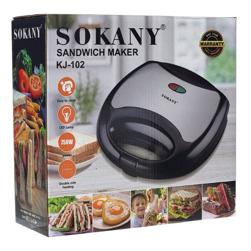 MAQUINA SANDWICHERA KJ-102 RECUBRIMIENTO ANTIADHERENTE, PLASTICO RESISTENTE AL CALOR, INDICADOR DE ENCENDIDO, 750W FUERZA SOKANY