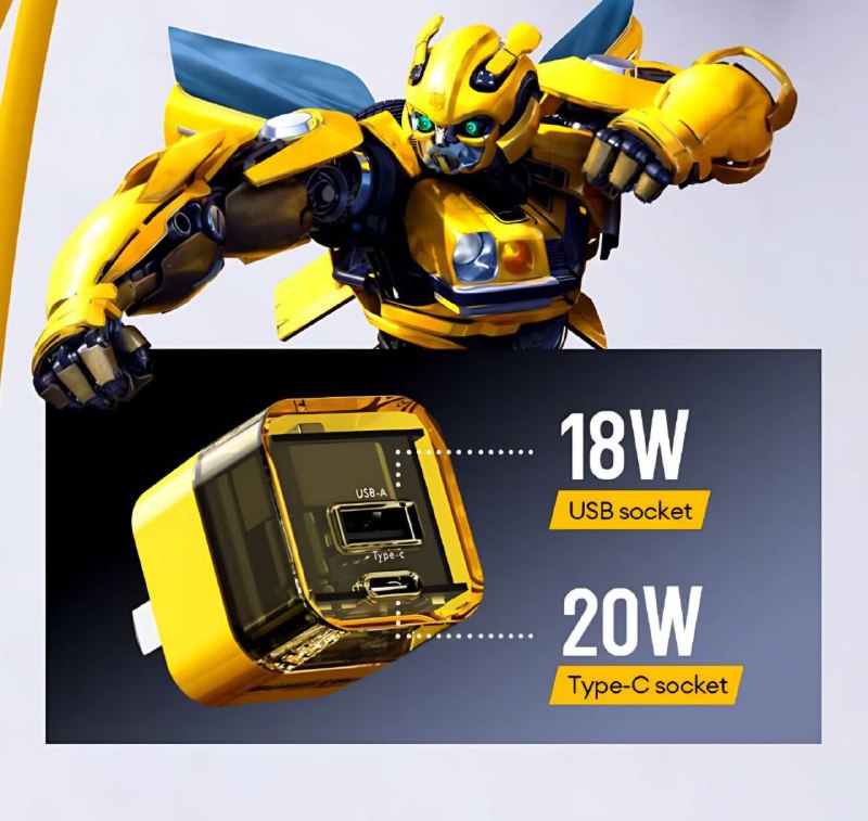CARGADOR RAPIDO, CUBO DE CARGA RAPIDA DE 20W, SOBLE PUERTO USBC Y USB A, TRANSPARENTE, CHIP INTELIGENTE, NO INCLUYE CABLE, TRANSFORMERS BUMBLEBEE EXPLORE