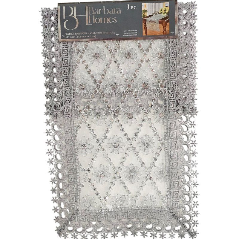 MANTEL CAMINO DE MESA BORDADO DE ENCAJE PLATEADO ELEGANTE BARBARA HOME 41X91CM