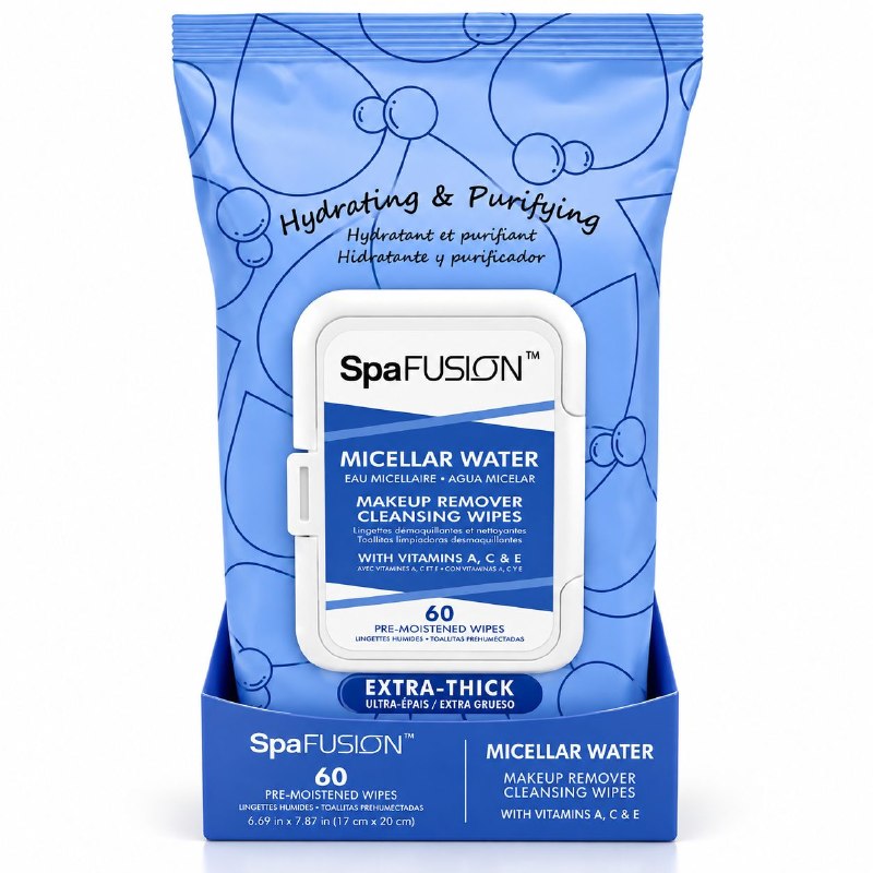 TOALLITAS HUMEDAS FACIALES DESMAQUILLANTES Y LIMPIADORAS CON AGUA MICELAR SPA FUSION 60UND