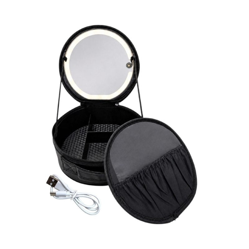 ORGANIZADOR ESTUCHE DE MAQUILLAJE PORTATIL REDONDO CON ESPEJO LED 22.3X23.3CM