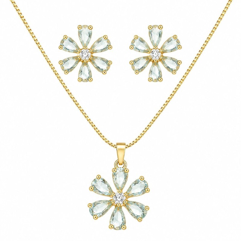 SET DE ENCHAPE PARA DAMA CADENA, DIJE Y TOPOS FLORAL DE CRISTALES AQUA / VERDE AGUA