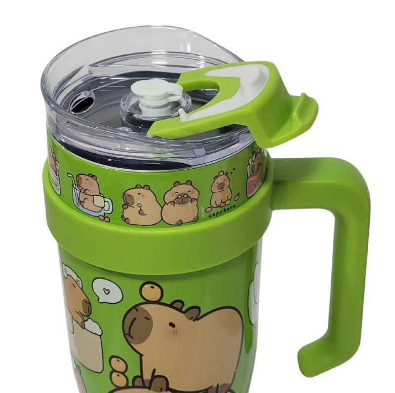 VASO TERMO DE ACERO INOXIDABLE CON ASA DISEÑO DE CAPIBARA,CAPYBARA CON SORBETE Y MUCHO ESTILO 1200ML