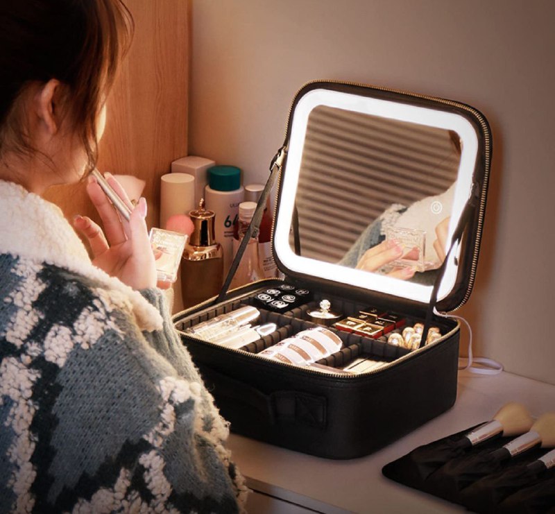 ESTUCHE ORGANIZADOR DE MAQUILLAJE CON ESPEJO LED 3 MODOS DE ILUMINACION