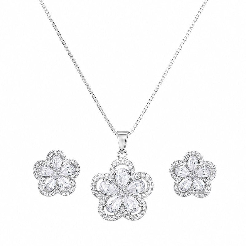 SET DE ENCHAPE PARA DAMA CADENA, DIJE Y TOPOS FLOR CRISTALINA CON CIRCONES EN GOTA Y HALO MICRO-PAVÉ