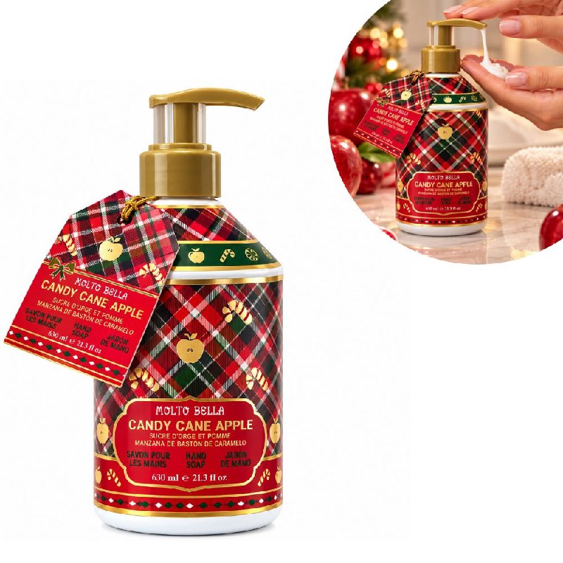 JABON LIQUIDO DE MANOS CON DISEÑO NAVIDEÑO AROMA A MANZANA DE BASTON DE CARAMELOS MOLTO BELLA 630ML
