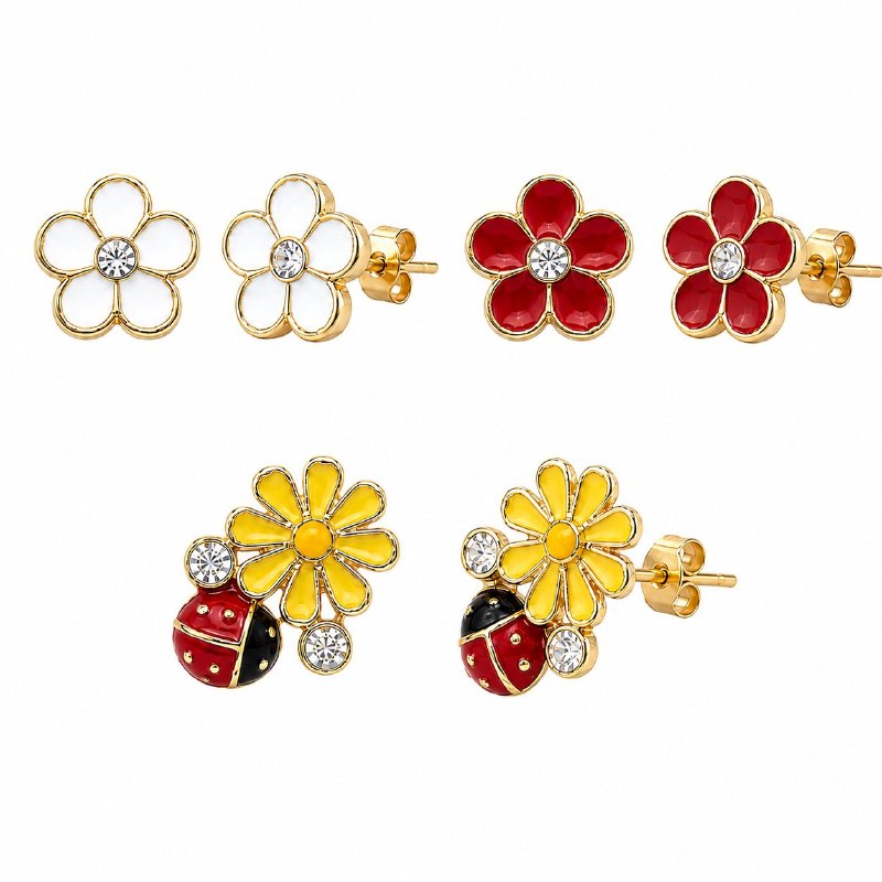 SET DE 3 PARES DE ARITOS DE ENCHAPE PARA DAMA CON DISEÑO DE FLOR