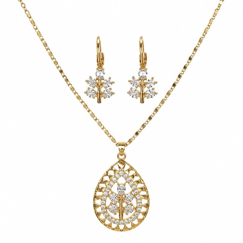 SET DE ENCHAPE PARA DAMA CADENA, DIJE GOTA FILIGRANA Y ARETES COLGANTES RAMA FLORAL