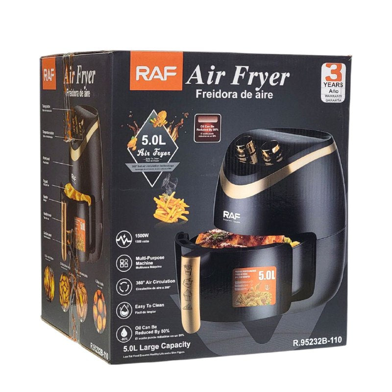MAQUINA FREIDORA DE AIRE, HORNO DE AIRE CALIENTE, GRILL Y FREIDORA, 1500W, CIRCULACION AIRE 360 GRADOS, FACIL DE LIMPIAR, CAPACIDAD 5L RAF AIR FRYER