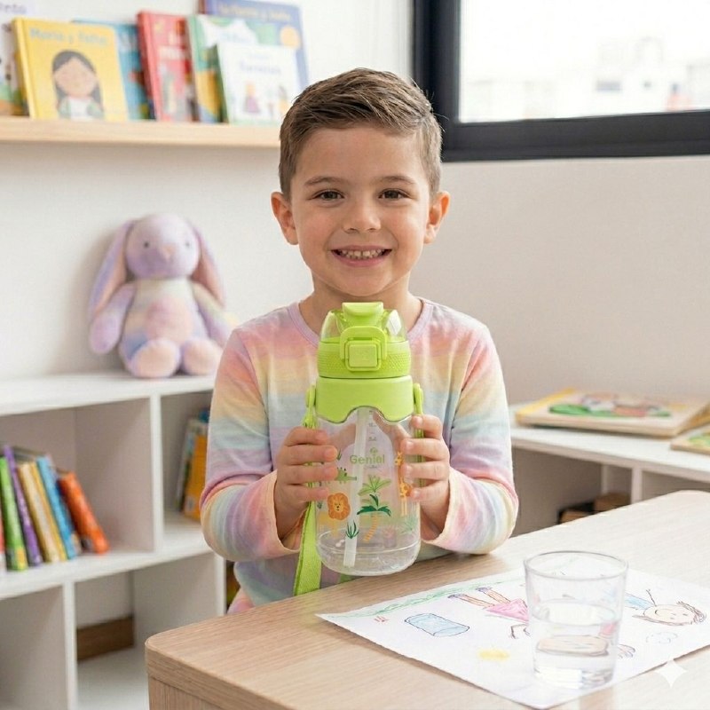 BOTE DE AGUA INFANTIL ERGONOMICA CON DISEÑO DE ANIMALES GENIAL 600ML