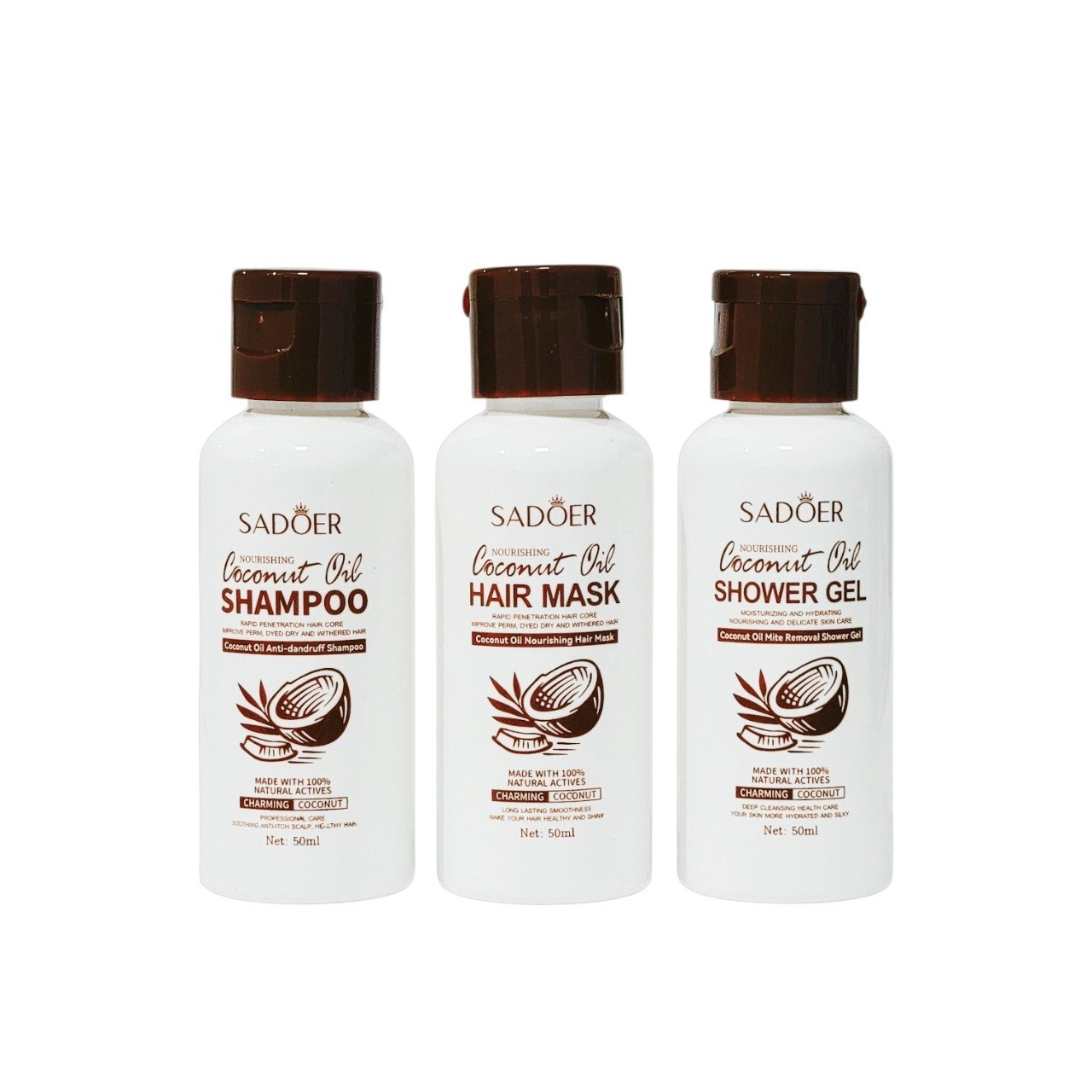 SHAMPOO PARA EL CABELLO EN SET DE 3 PIEZAS DE ACEITE DE COCO NUTRITIVO SADOER SHAMPOO 50ML, MASCARILLA CAPILAR 50ML, GEL DE DUCHA 50ML