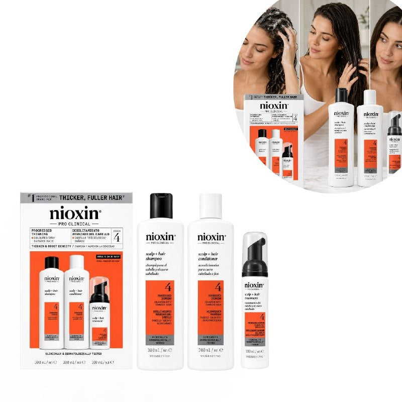 SET DE 3 PASOS PARA CABELLO TEÑIDO CON ADELGAZAMIENTO, EFECTO ANTICAIDA, PROTECTOR DE COLOR Y DENSIFICADOR NIOXIN