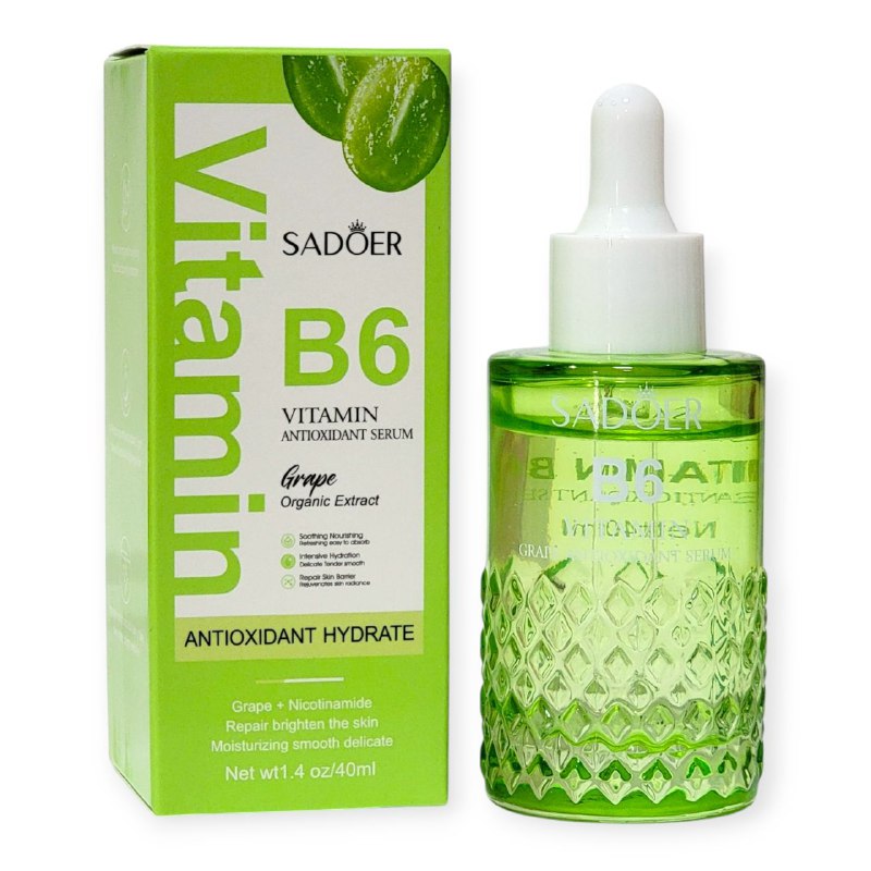 SUERO FACIAL VITAMINA B6, ANTIOXIDANTE DE UVA, CALMANTE, NUTRITUVO, REFRESCANTE DE FACIL ABSORCION, HIDRATACION INTENSIVA SUAVE SADOER 40ML