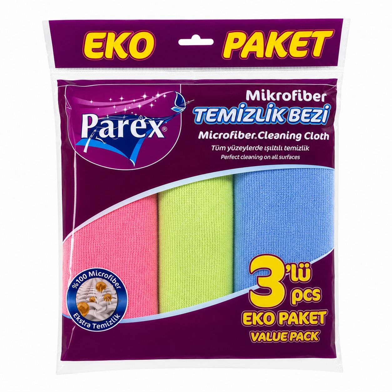 TOALLAS DE MICROFIBRA MULTIUSO 100% POLIESTER SEGURO Y EFECTIVO PARA LIMPIAR Y PULIR PAREX EKO  3 COLORES