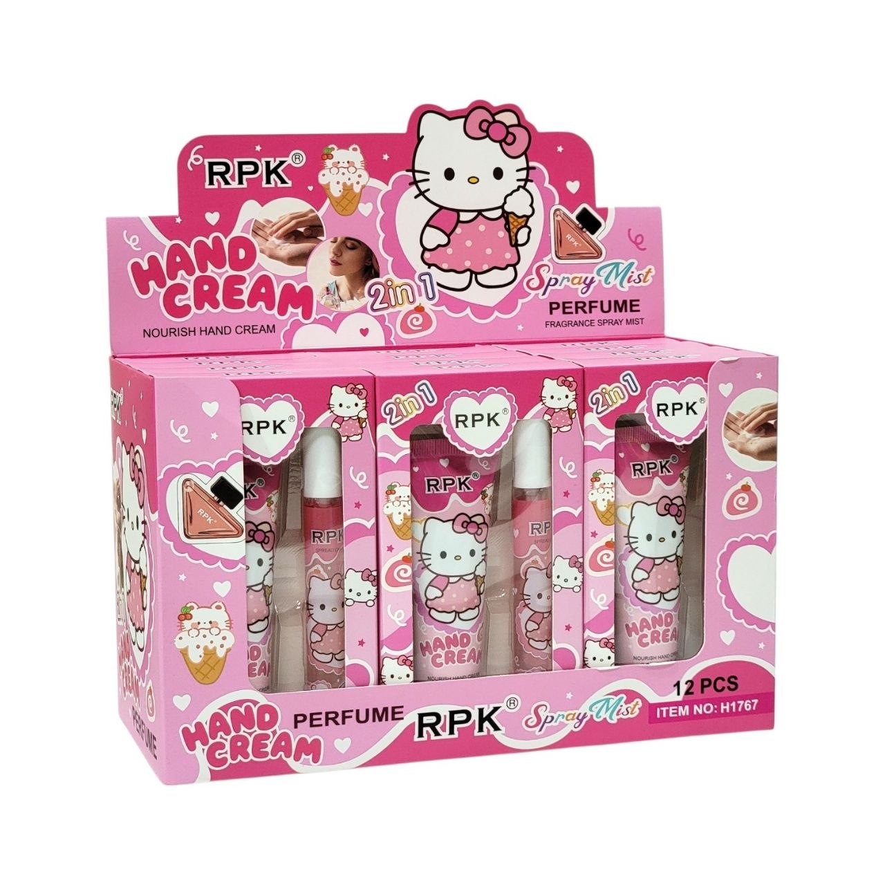 SET DE CREMA PARA MANOS Y PERFUME DEL PERSONAJE HELLO KITTY AROMA DE LARGA DURACION RPK 30ML + 10ML
