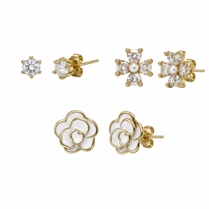SET DE 3 PARES DE ARITOS DE ENCHAPE PARA DAMA CON DISEÑO DE FLOR